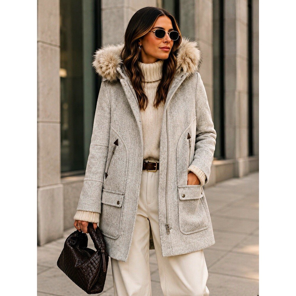 J.Crew Chateau Parka Italian Wool Coat Faux Fur Hood Gray Size 0